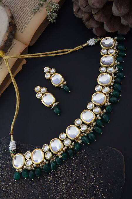Paisley Pop_Green Beads, Diamonds Kundan Embellished Choker Set _at_Aza_Fashions
