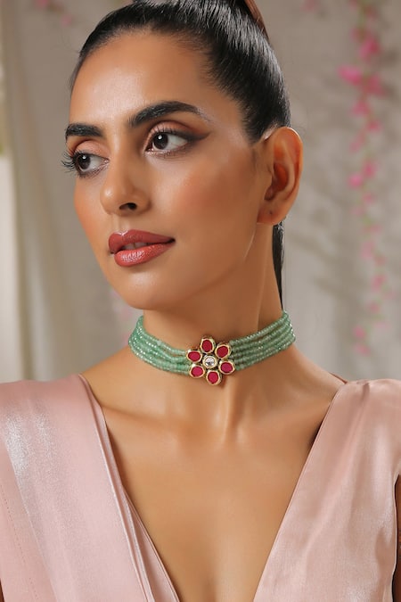 Buy Paisley Pop Green Floral Carved Pendant Choker Online at Aza Fashions Buy_Paisley Pop_Green Floral Carved Pendant Choker _Online_at_Aza_Fashions