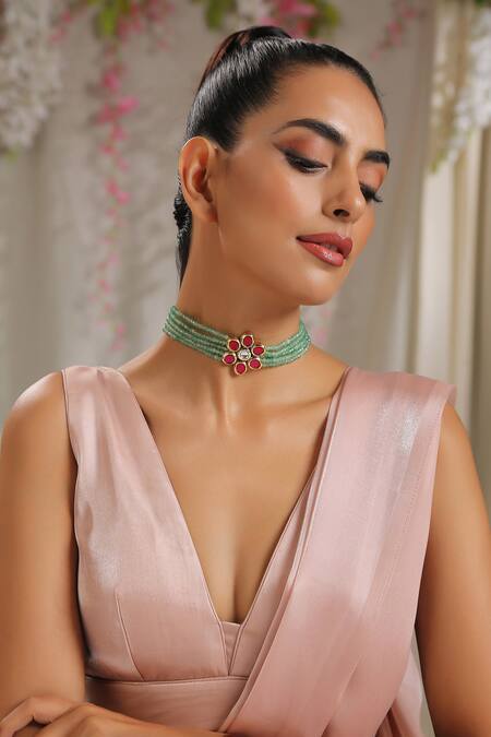 Shop Paisley Pop Green Floral Carved Pendant Choker Online at Aza Fashions Shop_Paisley Pop_Green Floral Carved Pendant Choker _Online_at_Aza_Fashions