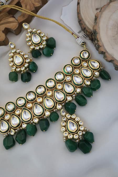 Paisley Pop_Green Stones, Diamonds Tear Drop Carved Pendant Choker Set _Online_at_Aza_Fashions