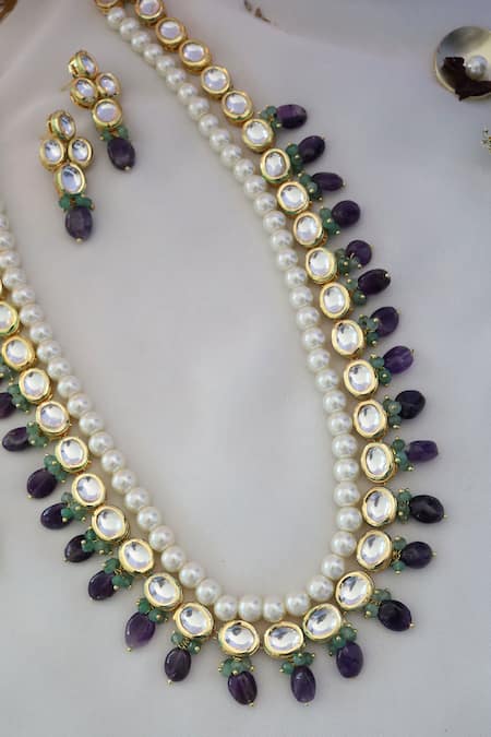 Shop_Paisley Pop_Purple Beads, Stones Kashika Kundan Embellished Necklace Set _at_Aza_Fashions