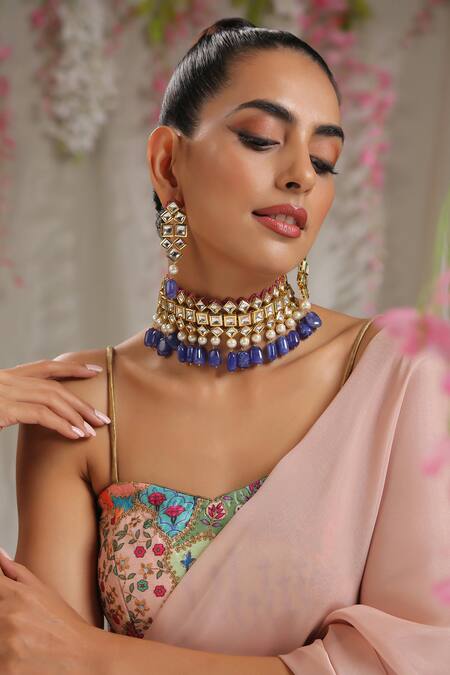 Paisley Pop_Purple Stones, Zari Kundan Embellished Choker Set _Online_at_Aza_Fashions