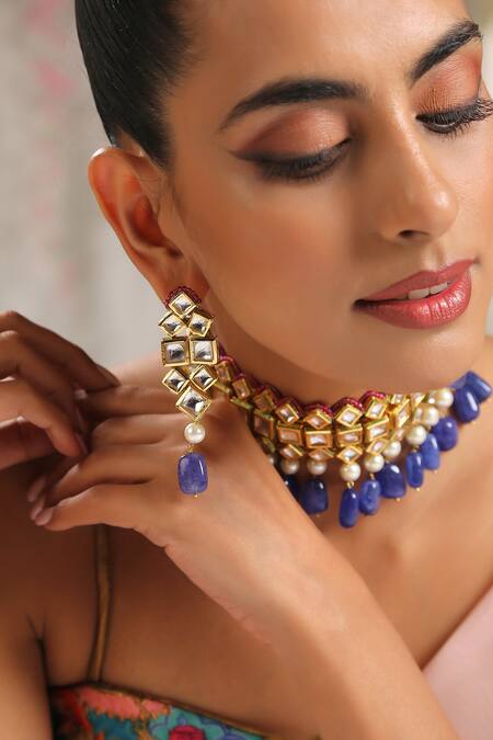 Buy_Paisley Pop_Purple Stones, Zari Kundan Embellished Choker Set _Online_at_Aza_Fashions