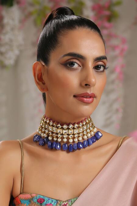 Shop_Paisley Pop_Purple Stones, Zari Kundan Embellished Choker Set _Online_at_Aza_Fashions