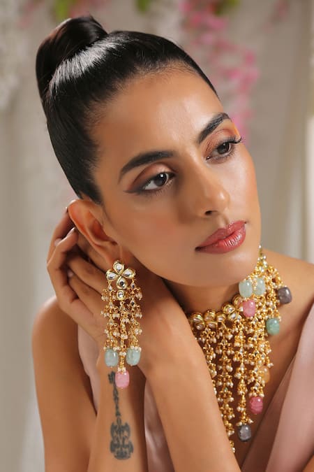 Buy_Paisley Pop_Multi Color Stones, Gota Patti Kundan Embellished Choker Set _Online_at_Aza_Fashions