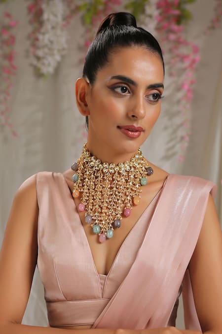 Shop_Paisley Pop_Multi Color Stones, Gota Patti Kundan Embellished Choker Set _Online_at_Aza_Fashions