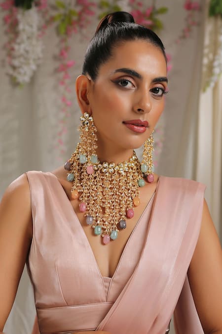 Paisley Pop_Multi Color Stones, Gota Patti Kundan Embellished Choker Set _at_Aza_Fashions