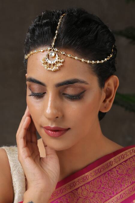 Paisley Pop_Gold Plated Pearls, Crystals Embellished Mathapatti _Online_at_Aza_Fashions