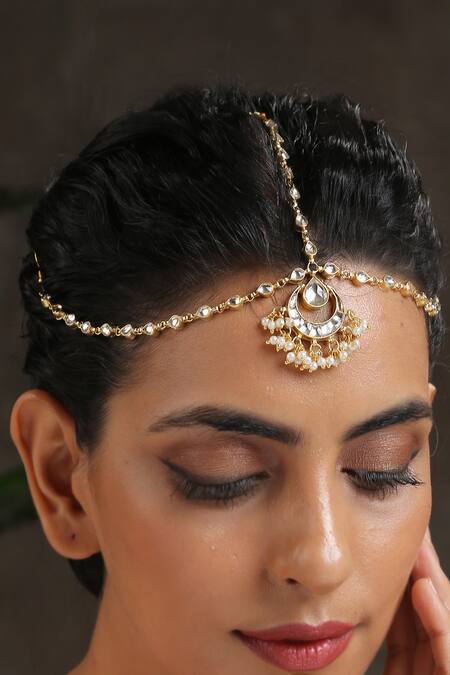 Buy_Paisley Pop_Gold Plated Pearls, Crystals Embellished Mathapatti _Online_at_Aza_Fashions