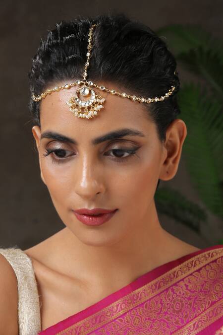 Shop_Paisley Pop_Gold Plated Pearls, Crystals Embellished Mathapatti _Online_at_Aza_Fashions