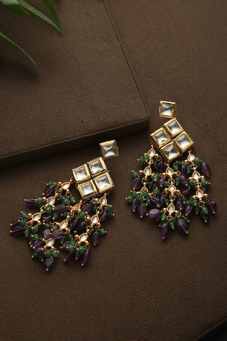 Shop_Paisley Pop_Purple Stones Kundan Studded Earrings _at_Aza_Fashions