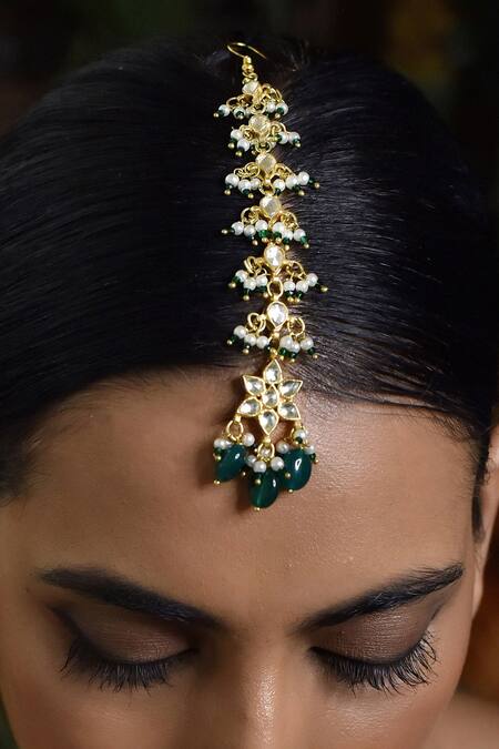 Shop_Paisley Pop_Green Floral Carved Maangtikka _Online_at_Aza_Fashions