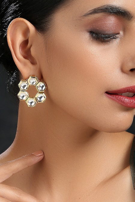 Shop Paisley Pop Gold Plated Imitation Diamonds Kundan Embellished Studs at Aza Fashions Shop_Paisley Pop_Gold Plated Imitation Diamonds Kundan Embellished Studs _at_Aza_Fashions