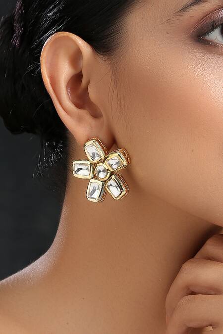 Paisley Pop_Gold Plated Crystals, Stones Kundan Studded Earrings _Online_at_Aza_Fashions