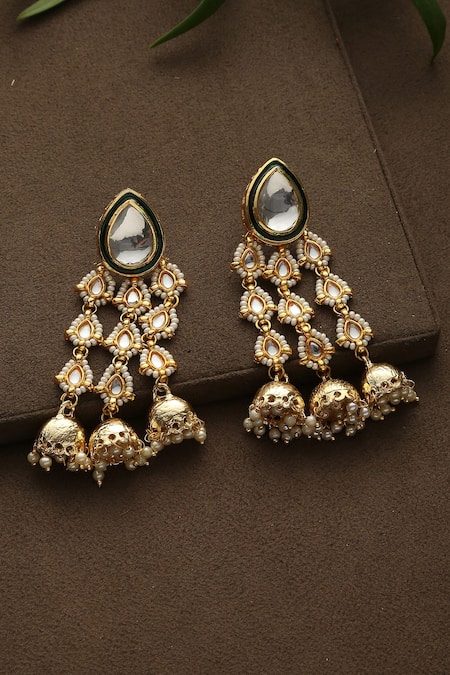 Shop Paisley Pop Gold Plated Pearls, Diamonds, Stones Kundan Embellished Danglers at Aza Fashions Shop_Paisley Pop_Gold Plated Pearls, Diamonds, Stones Kundan Embellished Danglers _at_Aza_Fashions