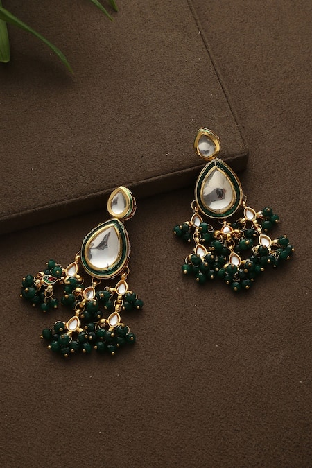 Shop Paisley Pop Green Stones Tear Drop Carved Earrings at Aza Fashions Shop_Paisley Pop_Green Stones Tear Drop Carved Earrings _at_Aza_Fashions