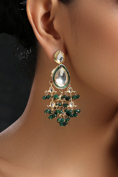 Paisley Pop Green Stones Tear Drop Carved Earrings Online at Aza Fashions Paisley Pop_Green Stones Tear Drop Carved Earrings _Online_at_Aza_Fashions