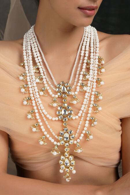 Shop_Paisley Pop_Gold Plated Pearl And Kundan Embellished Layered Necklace _at_Aza_Fashions