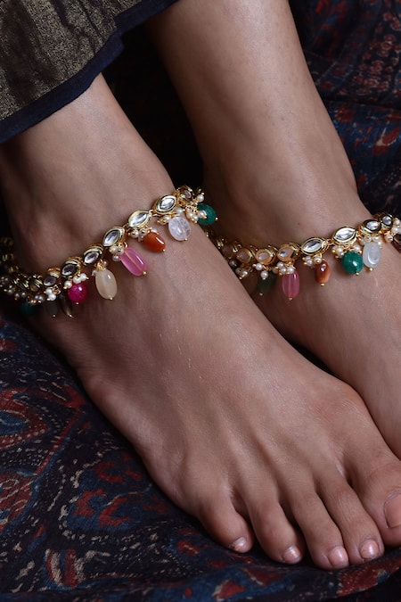 Paisley Pop Kundan Embellished Anklet - Set of 2 