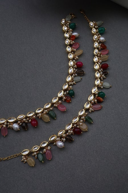 Shop_Paisley Pop_Multi Color Pearls, Stones Kundan Embellished Anklet - Set Of 2 _at_Aza_Fashions