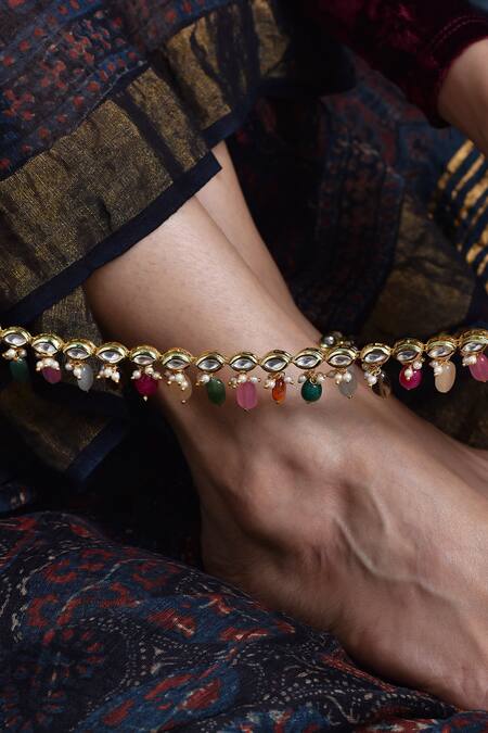 Paisley Pop_Multi Color Pearls, Stones Kundan Embellished Anklet - Set Of 2 _Online_at_Aza_Fashions