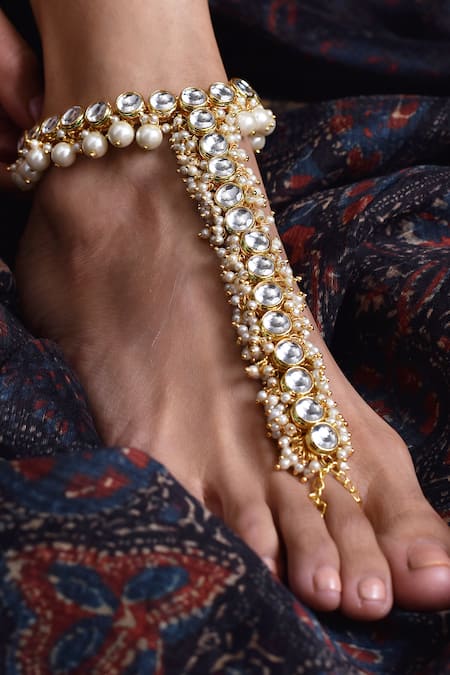 Shop_Paisley Pop_Gold Plated Pearls, Diamonds Kundan Embellished Harness Anklet _at_Aza_Fashions