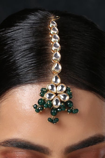 Paisley Pop_Green Flower Shaped Maangtikka _Online_at_Aza_Fashions
