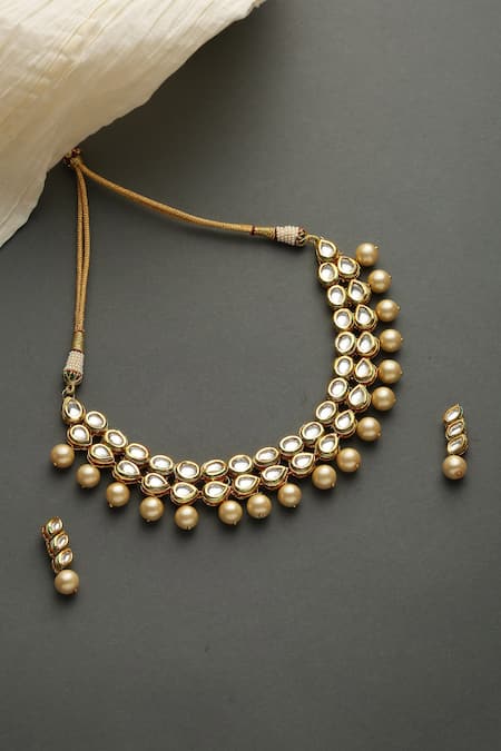 Shop Paisley Pop Gold Plated Pearls Kundan Embellished Necklace Set at Aza Fashions Shop_Paisley Pop_Gold Plated Pearls Kundan Embellished Necklace Set _at_Aza_Fashions