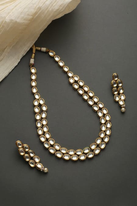 Shop_Paisley Pop_Gold Plated Pearls, Diamonds Kundan Embellished Layered Necklace Set _at_Aza_Fashions