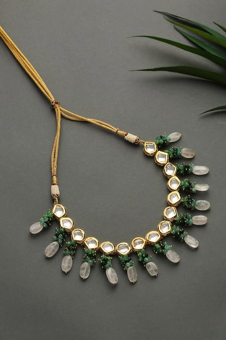 Shop Paisley Pop Green Kundan And Stone Embellished Necklace at Aza Fashions Shop_Paisley Pop_Green Kundan And Stone Embellished Necklace _at_Aza_Fashions