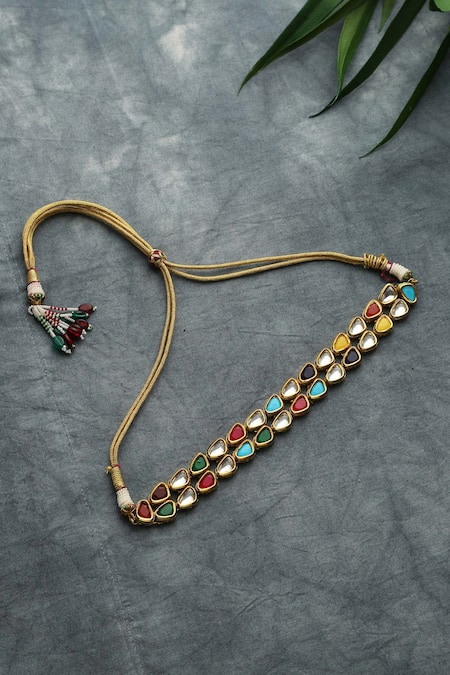 Shop Paisley Pop Multi Color Navrattan Kundan Choker Necklace at Aza Fashions Shop_Paisley Pop_Multi Color Navrattan Kundan Choker Necklace _at_Aza_Fashions