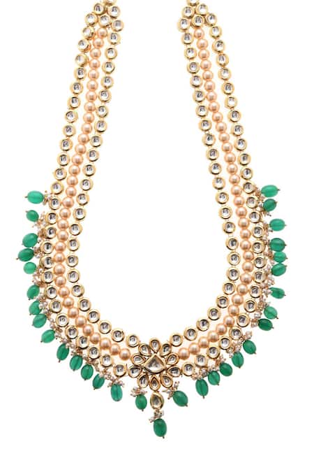 Shop_Paisley Pop_Green Floral Carved Kundan Embellished Necklace _Online_at_Aza_Fashions