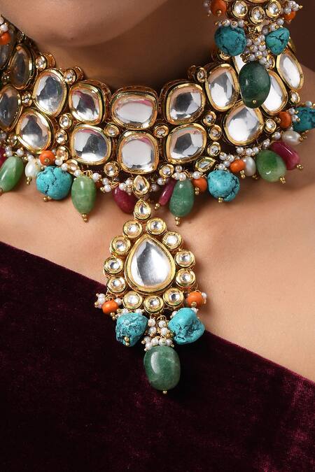 Paisley Pop Multi Color Stones, Beads Aradhna Polki Necklace Set Online at Aza Fashions Paisley Pop_Multi Color Stones, Beads Aradhna Polki Necklace Set _Online_at_Aza_Fashions