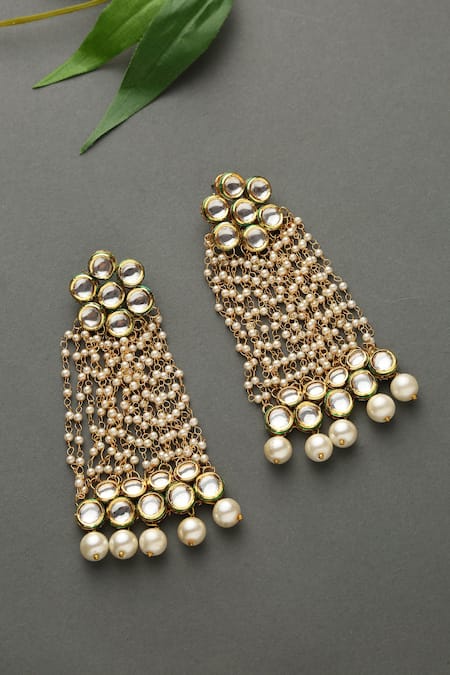 Shop Paisley Pop Gold Plated Pearls Floral Top Kundan Earrings at Aza Fashions Shop_Paisley Pop_Gold Plated Pearls Floral Top Kundan Earrings _at_Aza_Fashions
