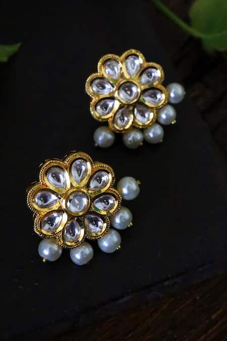 Shop Paisley Pop Gold Plated Pearls, Gota Patti Floral Carved Studs at Aza Fashions Shop_Paisley Pop_Gold Plated Pearls, Gota Patti Floral Carved Studs _at_Aza_Fashions