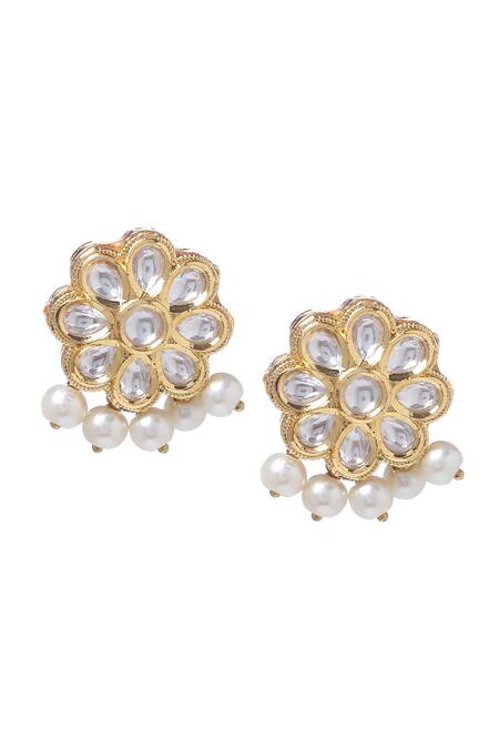 Paisley Pop Gold Plated Pearls, Gota Patti Floral Carved Studs Online at Aza Fashions Paisley Pop_Gold Plated Pearls, Gota Patti Floral Carved Studs _Online_at_Aza_Fashions