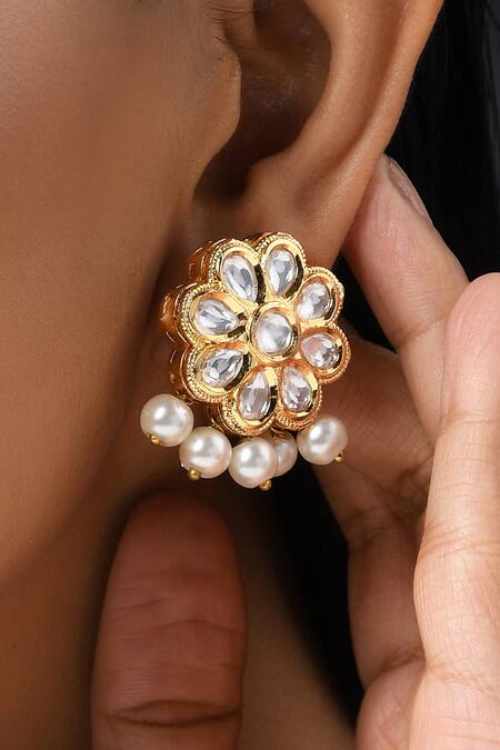 Shop Paisley Pop Gold Plated Pearls, Gota Patti Floral Carved Studs Online at Aza Fashions Shop_Paisley Pop_Gold Plated Pearls, Gota Patti Floral Carved Studs _Online_at_Aza_Fashions