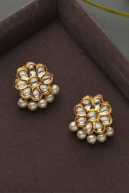 Paisley Pop Gold Plated Pearls, Gota Patti Floral Carved Studs at Aza Fashions Paisley Pop_Gold Plated Pearls, Gota Patti Floral Carved Studs _at_Aza_Fashions