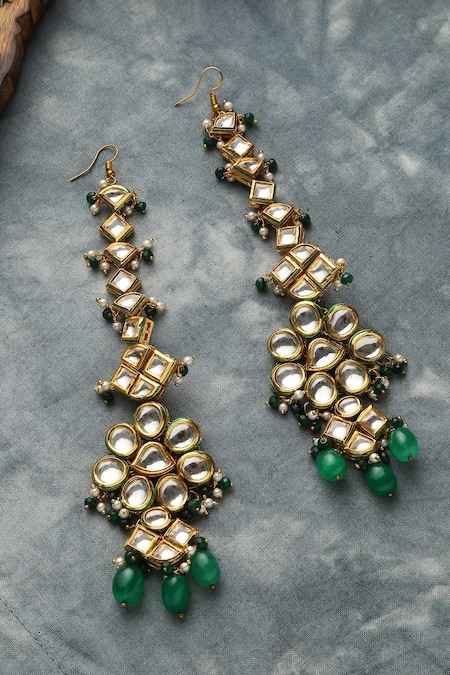 Shop Paisley Pop Green Pearls, Stones Kundan Embellished Dangler Earrings at Aza Fashions Shop_Paisley Pop_Green Pearls, Stones Kundan Embellished Dangler Earrings _at_Aza_Fashions