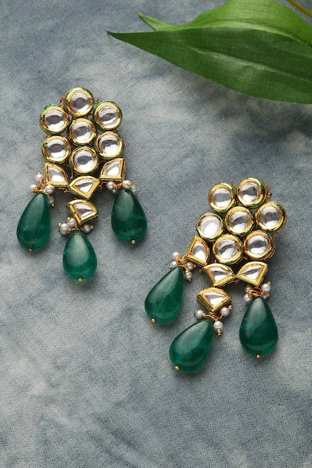 Shop Paisley Pop Green Stones Handcrafted Kundan Earrings at Aza Fashions Shop_Paisley Pop_Green Stones Handcrafted Kundan Earrings _at_Aza_Fashions