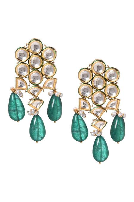Buy Paisley Pop Green Stones Handcrafted Kundan Earrings Online at Aza Fashions Buy_Paisley Pop_Green Stones Handcrafted Kundan Earrings _Online_at_Aza_Fashions