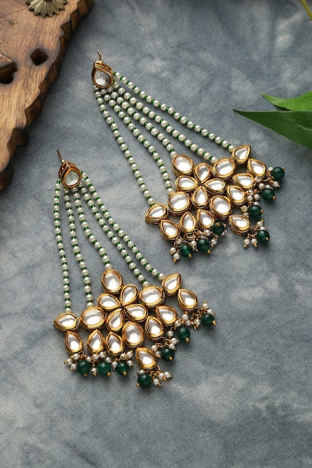 Shop_Paisley Pop_Green Pearls, Stones, Gota Patti Kundan Embellished Chandelier Earrings _at_Aza_Fashions