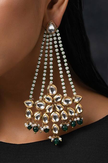 Paisley Pop_Green Pearls, Stones, Gota Patti Kundan Embellished Chandelier Earrings _Online_at_Aza_Fashions