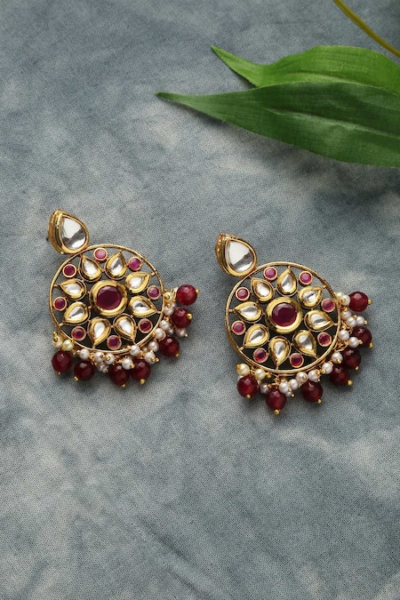 Shop Paisley Pop Red Stones, Gota Patti Handcrafted Floral Pattern Kundan Earrings at Aza Fashions Shop_Paisley Pop_Red Stones, Gota Patti Handcrafted Floral Pattern Kundan Earrings _at_Aza_Fashions