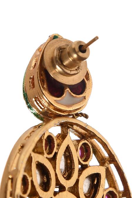 Shop Paisley Pop Red Stones, Gota Patti Handcrafted Floral Pattern Kundan Earrings Online at Aza Fashions Shop_Paisley Pop_Red Stones, Gota Patti Handcrafted Floral Pattern Kundan Earrings _Online_at_Aza_Fashions