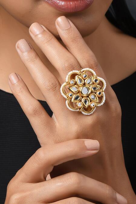 Buy Paisley Pop Gold Plated Pearls, Piping Floral Carved Ring Online at Aza Fashions Buy_Paisley Pop_Gold Plated Pearls, Piping Floral Carved Ring _Online_at_Aza_Fashions