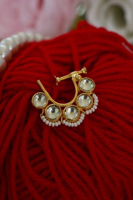 Paisley Pop Gold Plated Pearls, Crystals Kundan Nose Pin Online at Aza Fashions Paisley Pop_Gold Plated Pearls, Crystals Kundan Nose Pin _Online_at_Aza_Fashions
