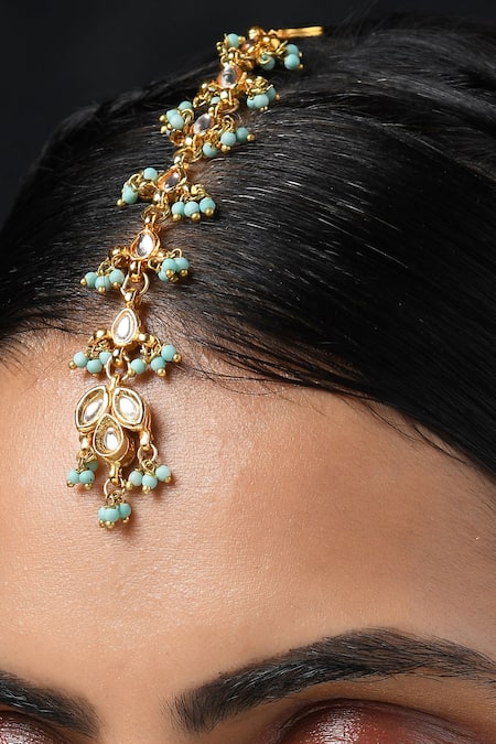 Shop_Paisley Pop_Blue Tear Drop Kundan Embellished Maangtikka _Online_at_Aza_Fashions