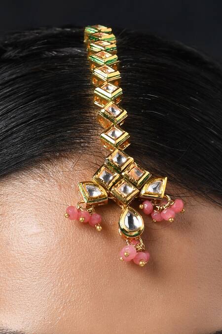 Shop Paisley Pop Peach Cutwork Kundan Embellished Maangtikka Online at Aza Fashions Shop_Paisley Pop_Peach Cutwork Kundan Embellished Maangtikka _Online_at_Aza_Fashions