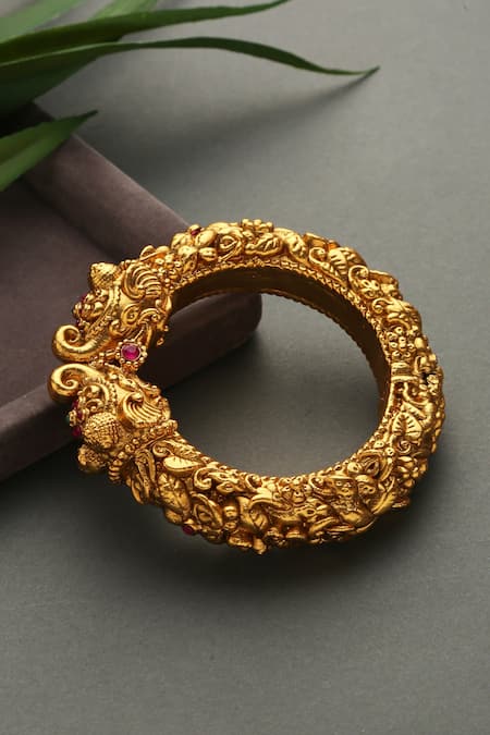Paisley Pop_Gold Plated Embroidery, Stones Temple Work Embossed Bangle _Online_at_Aza_Fashions
